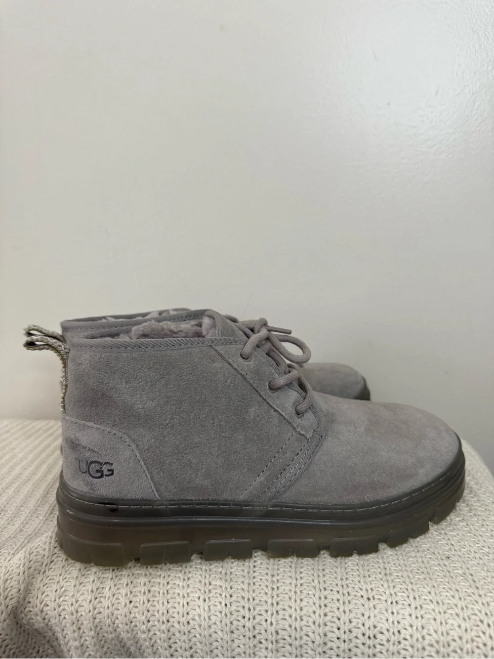 UGG Neumel Cozy Grey Suede Lace-Up Ankle Boots in size 8